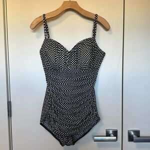 MagicSuit Slimming One Piece Black Polka Dot Ruched Swim Suit, size 14DD